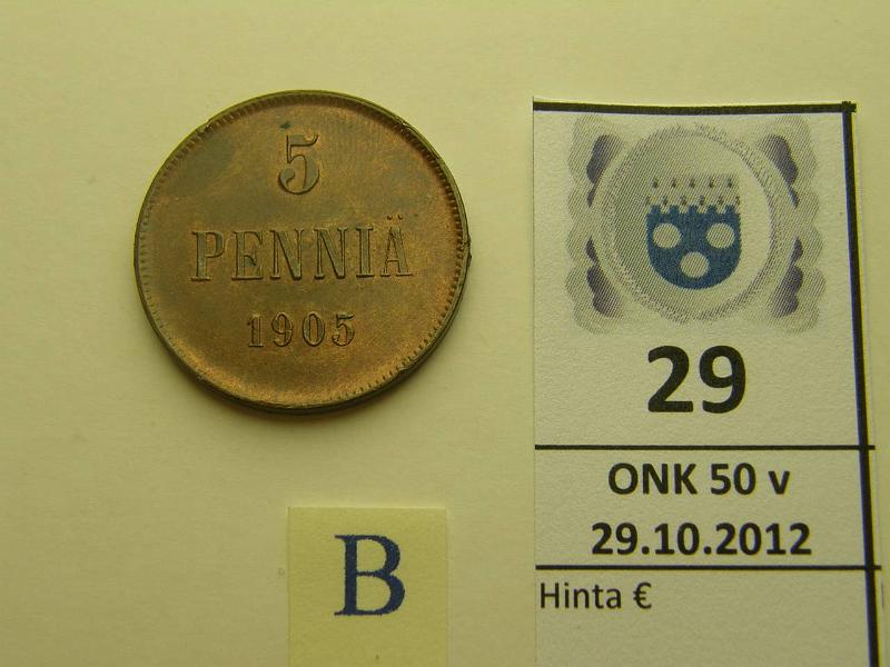 k-0029-b.jpg - Kohde 29 (kuva 2/2), lhthinta: 10 € 5 p 1905 leimakiiltoa, eprvja, kunto: 8