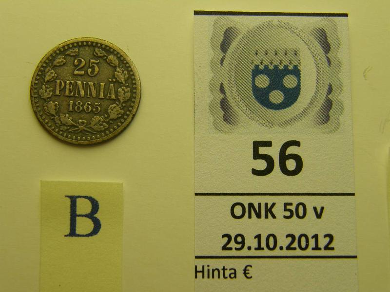 k-0056-b.jpg - Kohde 56 (kuva 2/2), lhthinta: 25 € 25 p 1865 Ag, SNY 265.2.2 (kieli poikki), kunto: 3/4