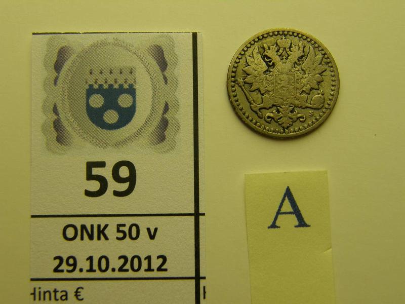 k-0059-a.jpg - Kohde 59 (kuva 1/2), lhthinta: 180 € 25 p 1868 Ag, SNY 268.2.1, taipunut, kunto: 3/5