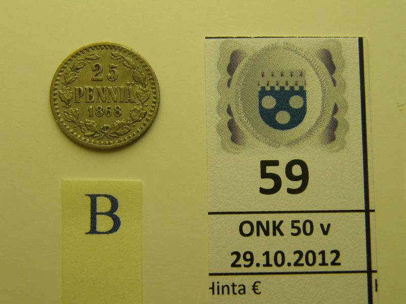 k-0059-b.jpg - Kohde 59 (kuva 2/2), lhthinta: 180 € 25 p 1868 Ag, SNY 268.2.1, taipunut, kunto: 3/5