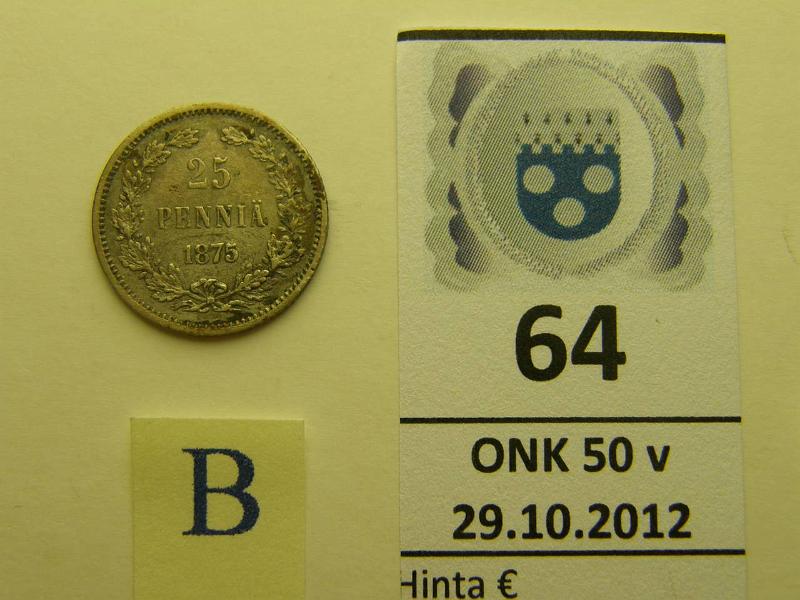 k-0064-b.jpg - Kohde 64 (kuva 2/2), lhthinta: 5 € 25 p 1875 Ag, SNY 273.1, nja, kunto: 5