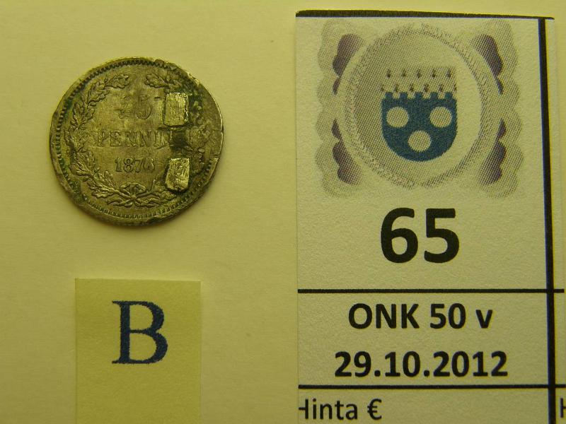 k-0065-b.jpg - Kohde 65 (kuva 2/2), lhthinta: 700 € 25 p 1876 Ag, ollut koruna, juotoksia, ylim. metallia, rvja. Harvinainen, kunto: ?