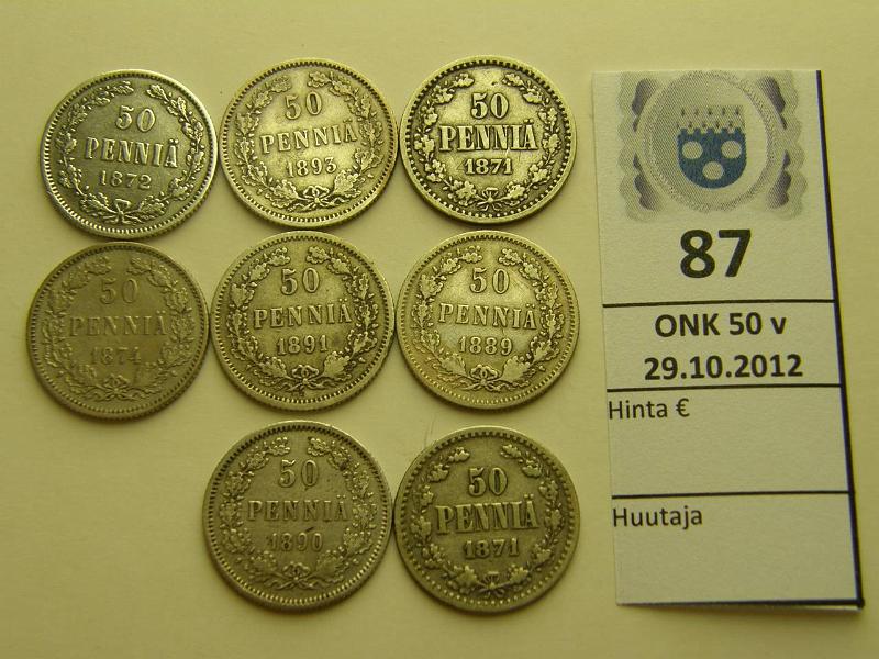 k-0087-a.jpg - Kohde 87, lhthinta: 5 € 50 p 1871-93 (8) Ag, 1871 mol. variantit, muut eri vuosia (ei 1876, 1892), kunto: 3-5