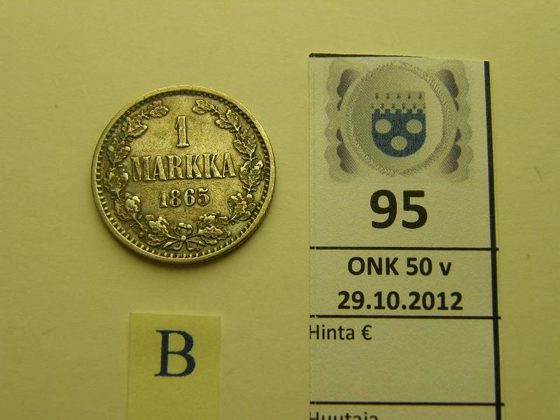 k-0095-b.jpg - Kohde 95 (kuva 2/2), lhthinta: 7 € 1 mk 1865 Ag, SNY 398.1.1(?), kunto: 4/5