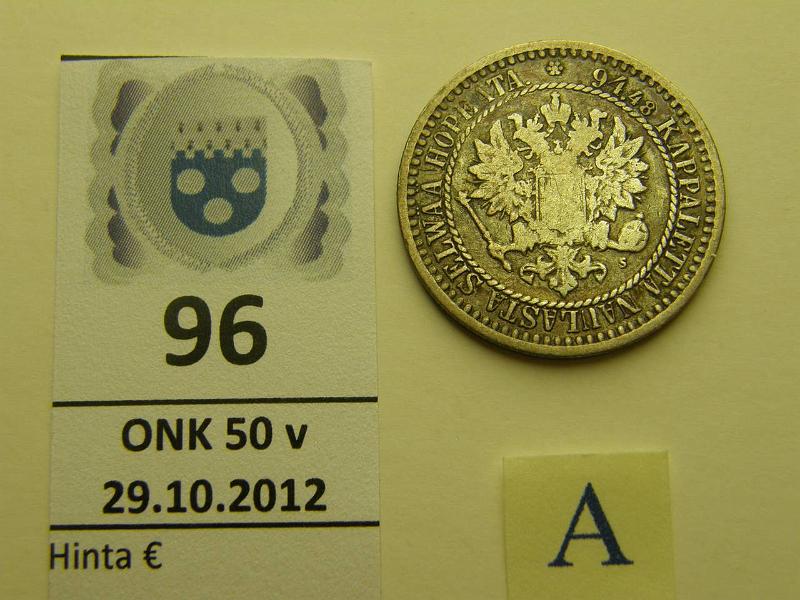 k-0096-a.jpg - Kohde 96 (kuva 1/3), lhthinta: 7 € 1 mk 1866 Ag, SNY 399.2.2(?), puutteellinen U -variantti, kunto: 3/4