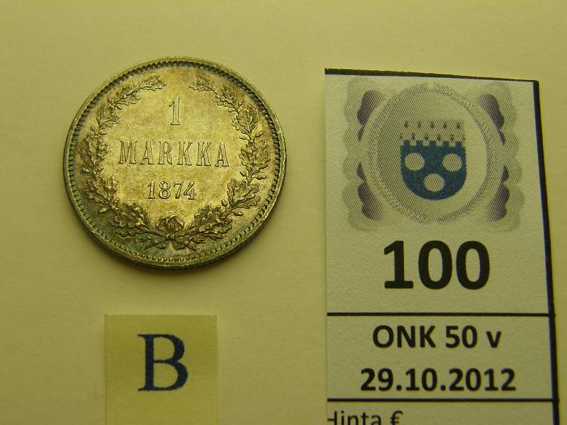 k-0100-b.jpg - Kohde 100 (kuva 2/2), lhthinta: 150 € 1 mk 1874 Ag, hnja, tumma, kunto: 7