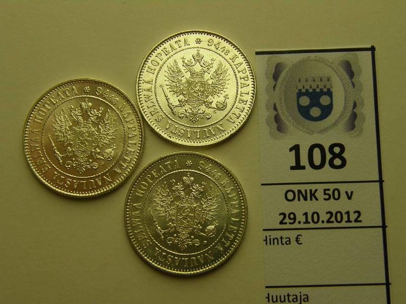 k-0108-a.jpg - Kohde 108 (kuva 1/2), lhthinta: 20 € 1 mk 1915 (3) Ag, eri variantteja rahamestarin merkist. Luettelot tuntevat 2 varianttia, tss 3 eril: kaukana, keskell, lhell, selvt erot, kunto: 8-9