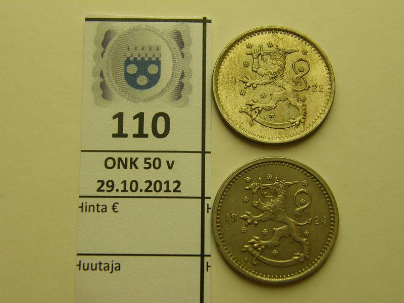 k-0110-a.jpg - Kohde 110, lhthinta: 40 € 1 mk 1922, -24 1922 kaunis, osin heikko lynti, kunto: 8,6