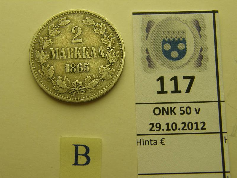 k-0117-b.jpg - Kohde 117 (kuva 2/2), lhthinta: 15 € 2 mk 1865 Ag, SNY 493.1, kunto: 4