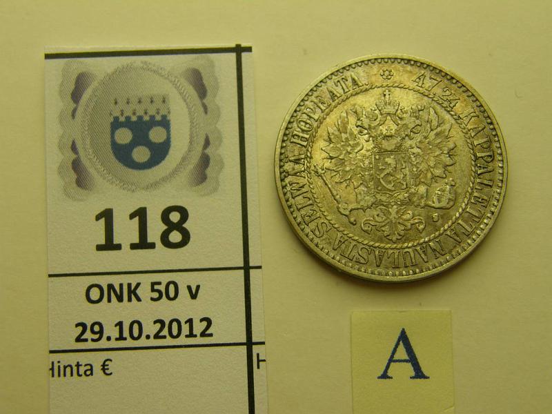 k-0118-a.jpg - Kohde 118 (kuva 1/2), lhthinta: 20 € 2 mk 1865 Ag, SNY 493.1, kunto: 5