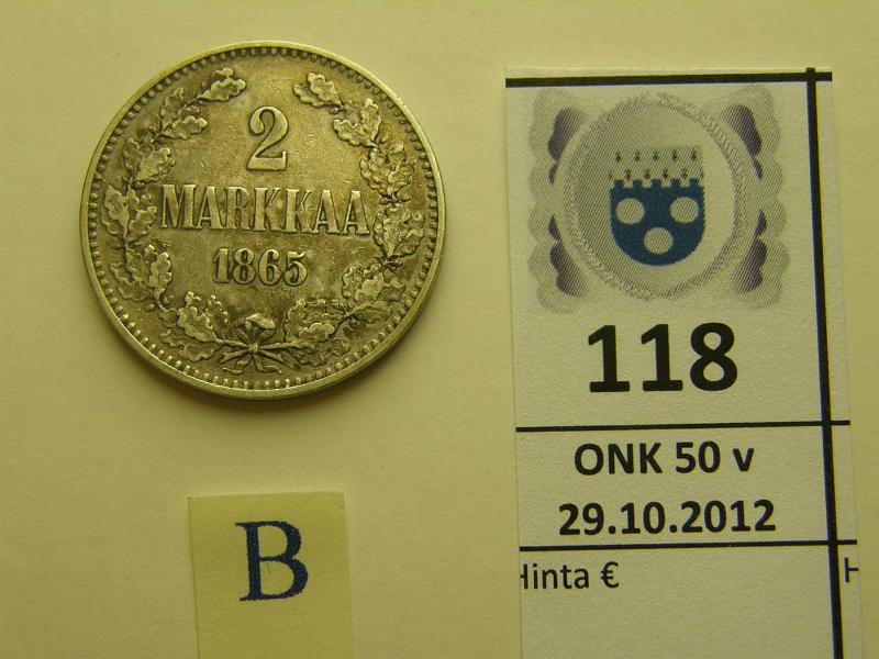 k-0118-b.jpg - Kohde 118 (kuva 2/2), lhthinta: 20 € 2 mk 1865 Ag, SNY 493.1, kunto: 5