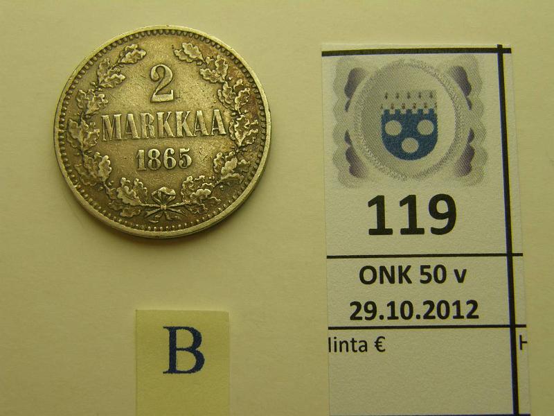 k-0119-b.jpg - Kohde 119 (kuva 2/2), lhthinta: 20 € 2 mk 1865 Ag, SNY 493.2, kunto: 5