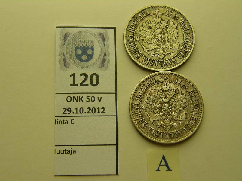 k-0120-a.jpg - Kohde 120 (kuva 1/2), lhthinta: 35 € 2 mk 1866 (2) Ag, SNY 494.1, kunto: 5,5