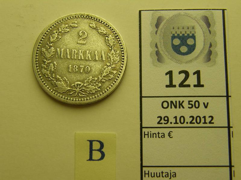 k-0121-b.jpg - Kohde 121 (kuva 2/2), lhthinta: 15 € 2 mk 1870 Ag, kunto: 4