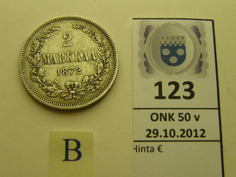 k-0123-b.jpg - Kohde 123 (kuva 2/2), lhthinta: 10 € 2 mk 1872 Ag, rvja, kunto: 4