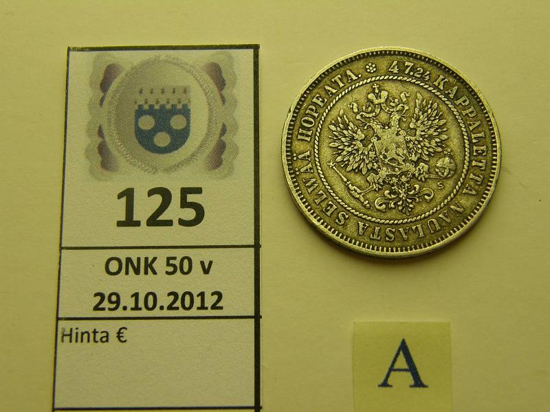 k-0125-a.jpg - Kohde 125 (kuva 1/2), lhthinta: 15 € 2 mk 1874 Ag, eprvja, kunto: 4/5