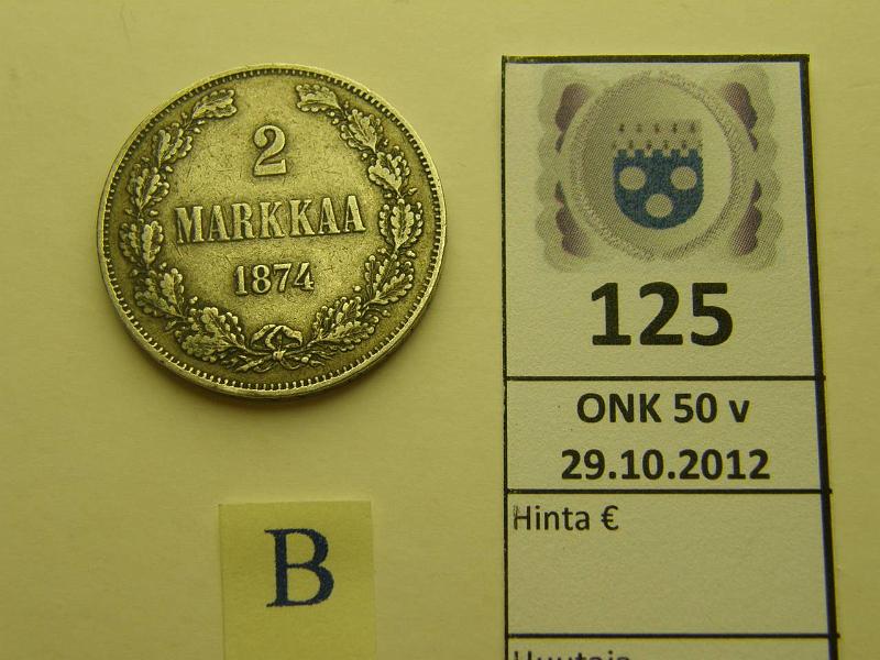 k-0125-b.jpg - Kohde 125 (kuva 2/2), lhthinta: 15 € 2 mk 1874 Ag, eprvja, kunto: 4/5