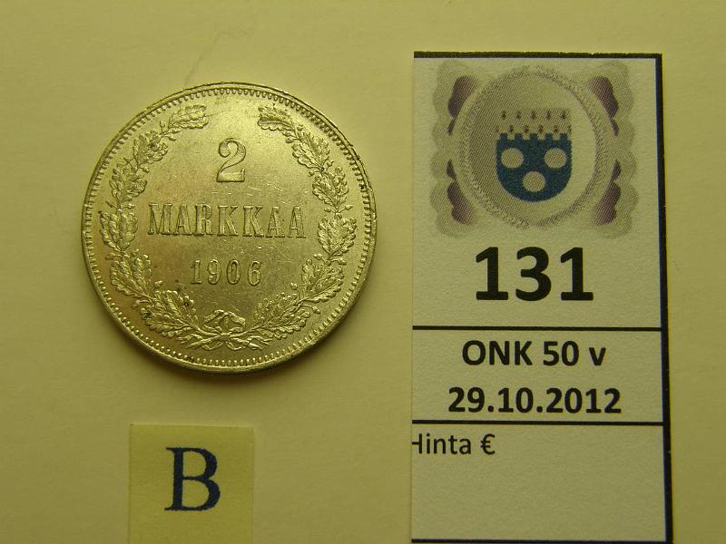 k-0131-b.jpg - Kohde 131 (kuva 2/2), lhthinta: 150 € 2 mk 1906 Ag, SNY 500.2 (lyhyt /), kaunis!, kunto: 8