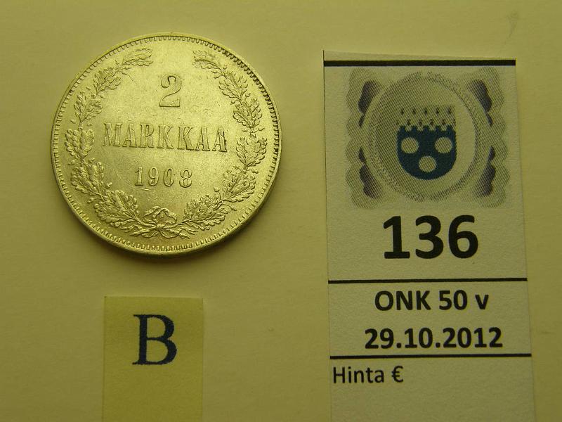 k-0136-b.jpg - Kohde 136 (kuva 2/2), lhthinta: 35 € 2 mk 1908 Ag, eprvja, hn, kunto: 7