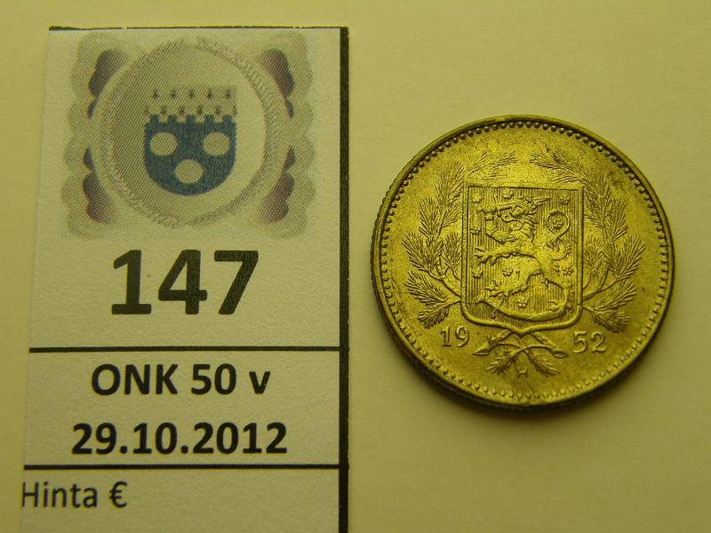 k-0147-a.jpg - Kohde 147, lhthinta: 10 € 5 mk 1952 Mess, kunto: 8