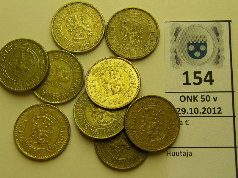 k-0154-a.jpg - Kohde 154, lhthinta: 5 € 10 mk 1952-62 (9) kaikki v:t, kunto: 4-8