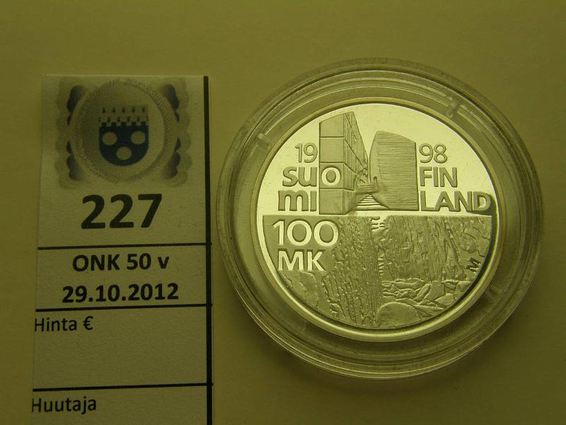 k-0227-a.jpg - Kohde 227, lhthinta: 30 € 100 mk 1998 Ag, Proof, Alvar Aalto, kapseli, kunto: 10