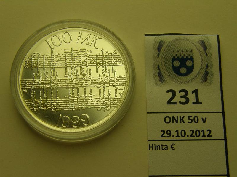 k-0231-a.jpg - Kohde 231, lhthinta: 20 € 100 mk 1999 Ag, Jean Sibelius, kapselissa pirste, kunto: 10