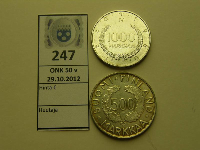 k-0247-a.jpg - Kohde 247, lhthinta: 30 € 1000 mk 1952, -60 Ag, Olympia 500mk ja Snellman 1000mk, kunto: 6,7