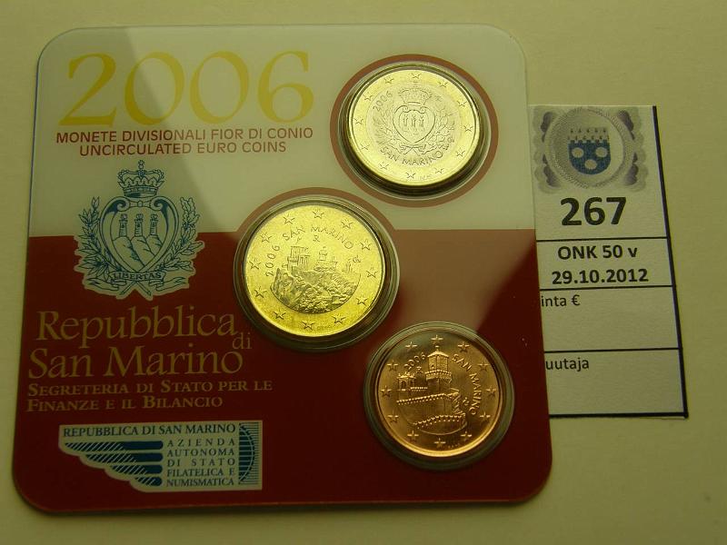 k-0267-a.jpg - Kohde 267, lhthinta: 10 € San Marino 2006 5s, 50s, 1€ kortissa, kunto: 9