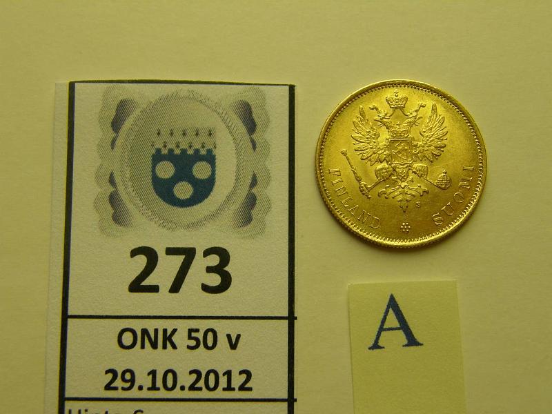 k-0273-a.jpg - Kohde 273 (kuva 1/2), lhthinta: 200 € 10 mk 1878 Au, kunto: 8