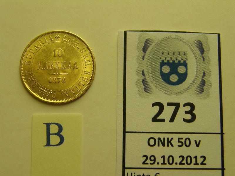 k-0273-b.jpg - Kohde 273 (kuva 2/2), lhthinta: 200 € 10 mk 1878 Au, kunto: 8