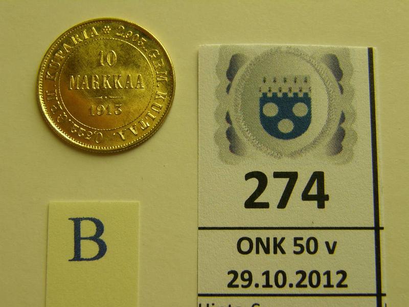 k-0274-b.jpg - Kohde 274 (kuva 2/2), lhthinta: 250 € 10 mk 1913 Au, kunto: 9/8