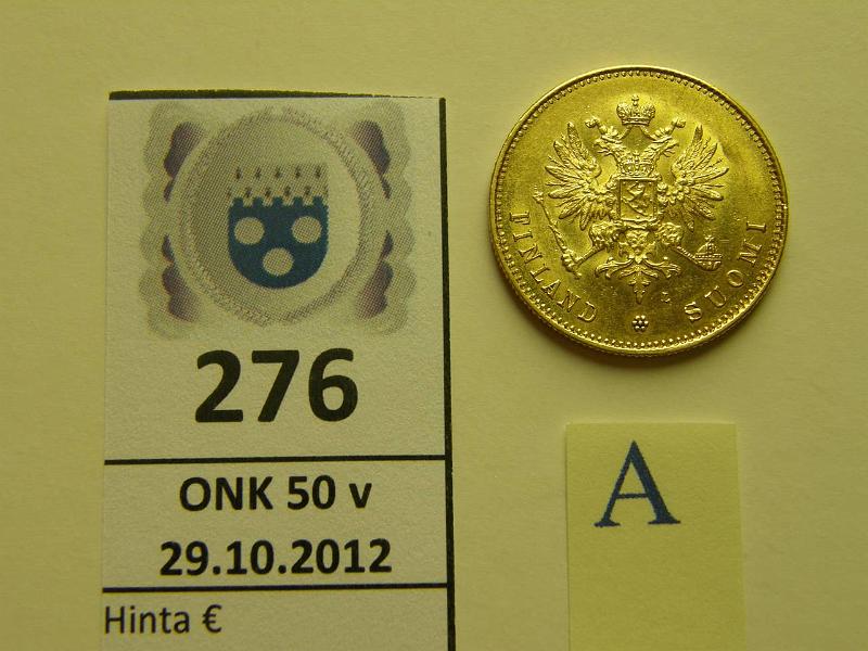 k-0276-a.jpg - Kohde 276 (kuva 1/2), lhthinta: 380 € 20 mk 1891 Au, hnja, kunto: 8/7