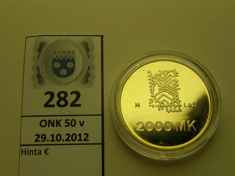 k-0282-a.jpg - Kohde 282, lhthinta: 550 € 2000 mk 1995 Au, Proof 16,97 g/900, 50 rauhan vuotta, kapseli rikki, kunto: 10