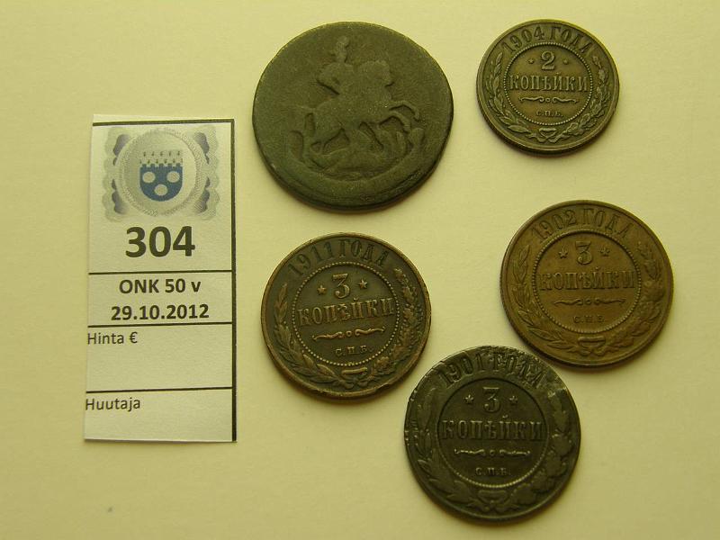 k-0304-a.jpg - Kohde 304, lhthinta: 5 € 2-3 kop (5) 1759-1911 Cu 2kop 1759, 1904, 3kop 1901, -02, -11, osassa rvja, kunto: 2-5