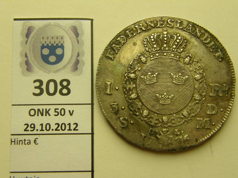 k-0308-a.jpg - Kohde 308, lhthinta: 75 € 1 riksdaler 1776 KM#514 Ag, Kustaa III, prv, kunto: 5