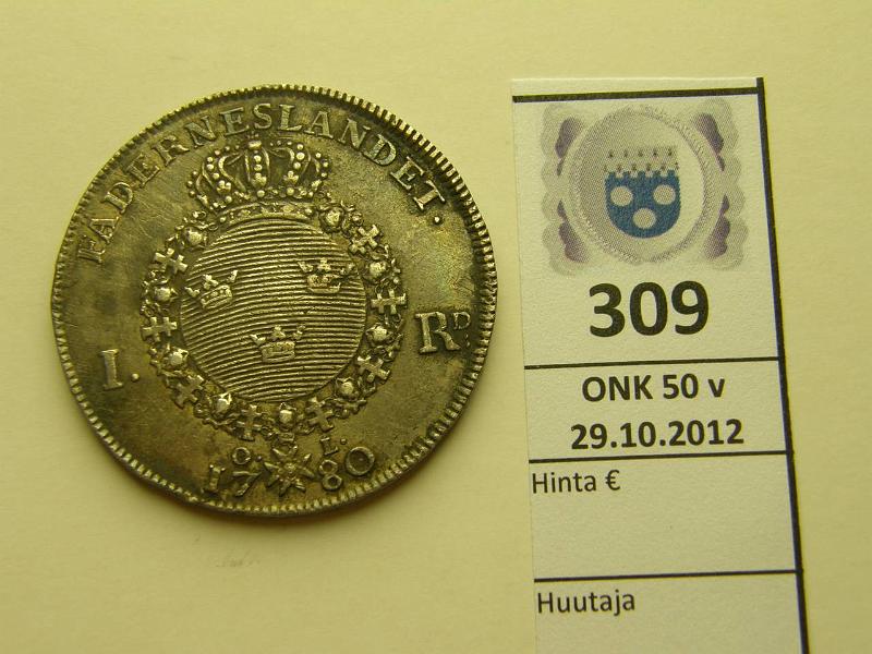 k-0309-a.jpg - Kohde 309, lhthinta: 75 € 1 riksdaler 1780 KM#527 Ag, Kustaa III, kunto: 5