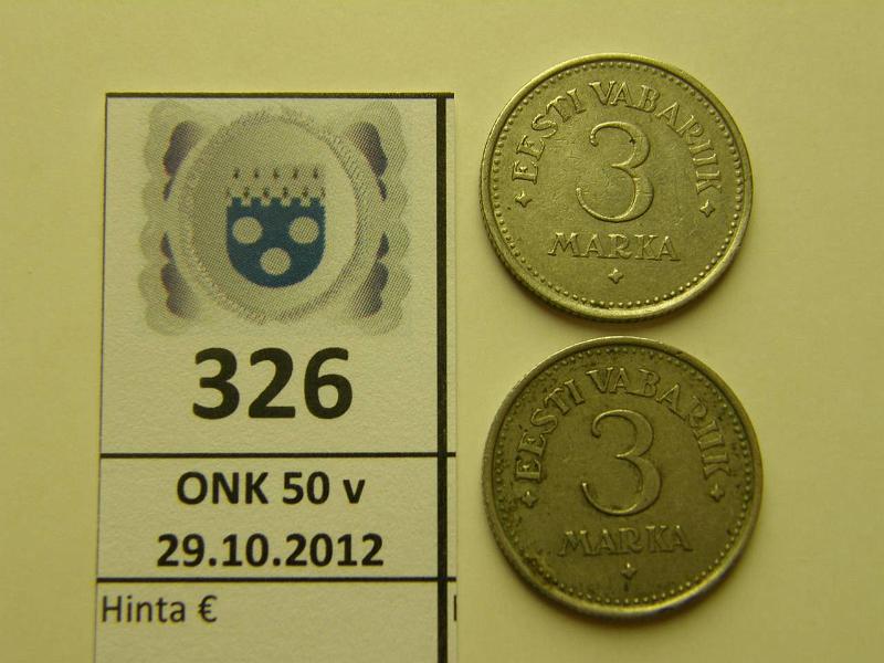 k-0326-a.jpg - Kohde 326, lhthinta: 5 € Eesti 3 marka 1922(2) KM#2 Toisessa (kl5) eprv, kunto: 5,6