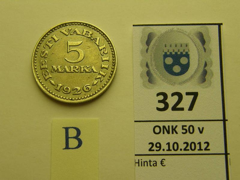 k-0327-b.jpg - Kohde 327 (kuva 2/2), lhthinta: 85 € Eesti 5 marka 1926 KM#7 NiBr, paino 4,83 g,  23 mm, eprv. Harvinainen!, kunto: 5