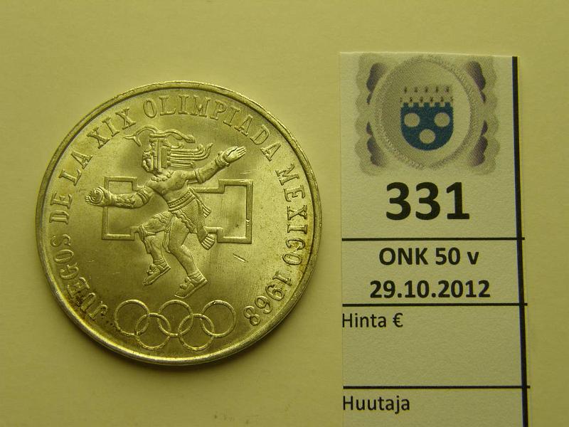 k-0331-a.jpg - Kohde 331, lhthinta: 10 € Meksiko 1968 KM#479 Ag, 25 pesos Meksiko, 22,5 g/720, pij, kunto: 9