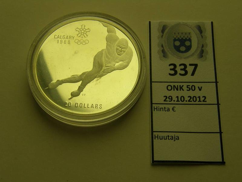 k-0337-a.jpg - Kohde 337, lhthinta: 15 € Calgary 1988 KM#145 Ag, Proof, 20D Kanada 1985, 33,63 g/925, kapseli, kunto: 9