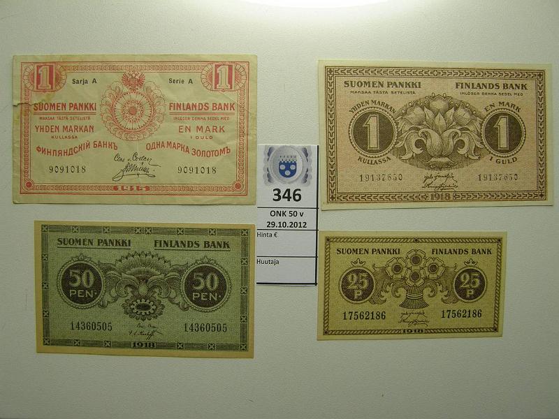 k-0346-a.jpg - Kohde 346, lhthinta: 15 € Er 25p-1mk (4) 25p, 50p ja 1mk 1918, nm kl 7-9; 1mk 1915 srj A kl3, rep, tahra, kunto: 3-9