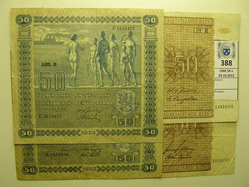 k-0388-a.jpg - Kohde 388, lhthinta: 10 € 50 mk Er (4) 1939 LD(2) A, C-srj, 1945 LB(2) I-srj, kunto: 2-3