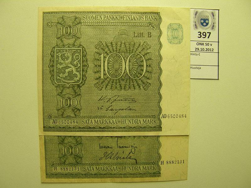 k-0397-a.jpg - Kohde 397, lhthinta: 10 € 100 mk 1945 LB (2) SNY 180.2 H8882131 TUO-Als, AO6500484 JUT-Car, kunto: 6,5