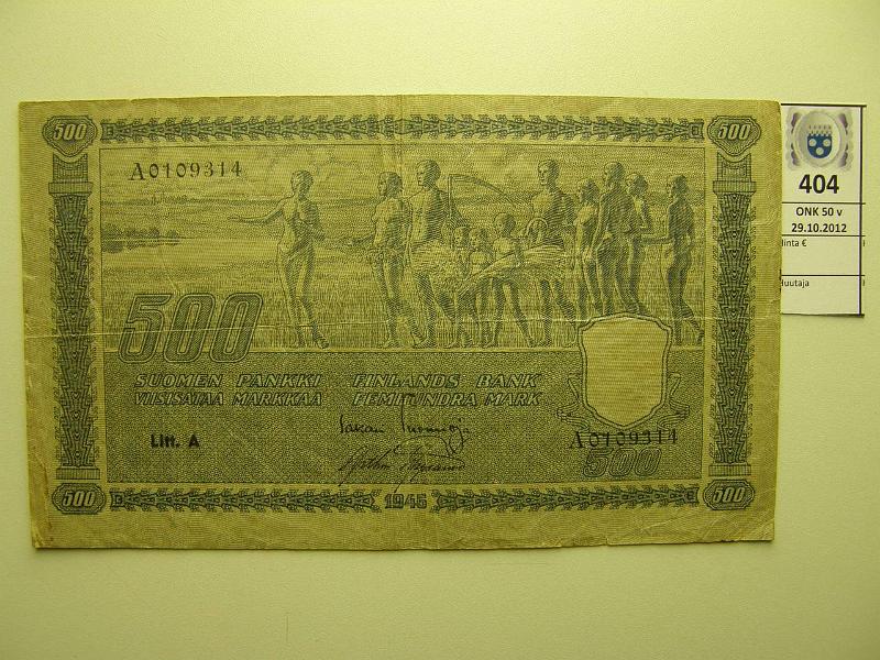 k-0404-a.jpg - Kohde 404, lhthinta: 50 € 500 mk 1945 LA SNY 190.1 A010934 TUO-AAs, keskireik, prep, taitteissa ja reunoissa kulumia, kunto: 3