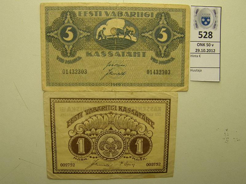 k-0528-a.jpg - Kohde 528, lhthinta: 10 € Eesti 1 ja 5 marka 1919 (2) P#43, 45a Eesti Vabariigi Kassatht, prep, kunto: 4