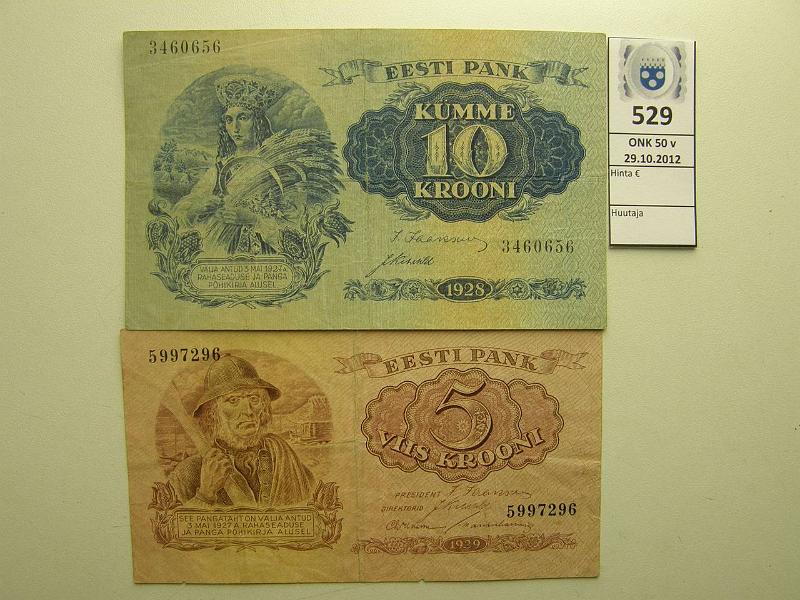 k-0529-a.jpg - Kohde 529, lhthinta: 10 € Eesti 5 ja 10 krooni 1928-29 (2) P#62, 63 Eesti Pank, 5 kr 1929, 10 kr 1928, prep, kunto: 4,4