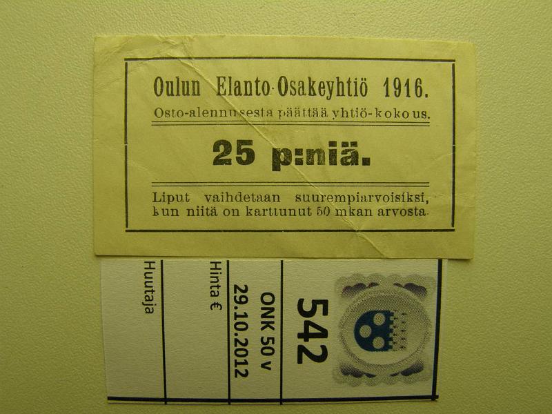 k-0542-a.jpg - Kohde 542, lhthinta: 15 € 25 p 1916 Oulun Elanto Osakeyhti 25 p:ni, 6, 3x3, 6cm, ei Pasasen kirjassa, kunto: 5