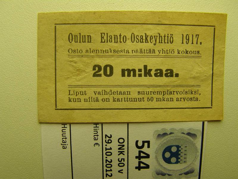 k-0544-a.jpg - Kohde 544, lhthinta: 15 € 20 mk 1917 Oulun Elanto Osakeyhti 20m:kaa, 6, 3x3, 6cm, ei Pasasen kirjassa, kunto: 6