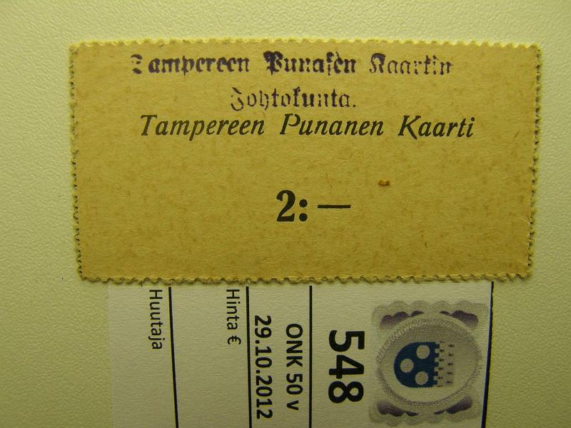 k-0548-a.jpg - Kohde 548, lhthinta: 50 € 2 mk 1917 P#68 Tampereen Punanen Kaarti. Sininen rivileima: Tampereen Punasen Kaartin Johtokunta, kunto: 8